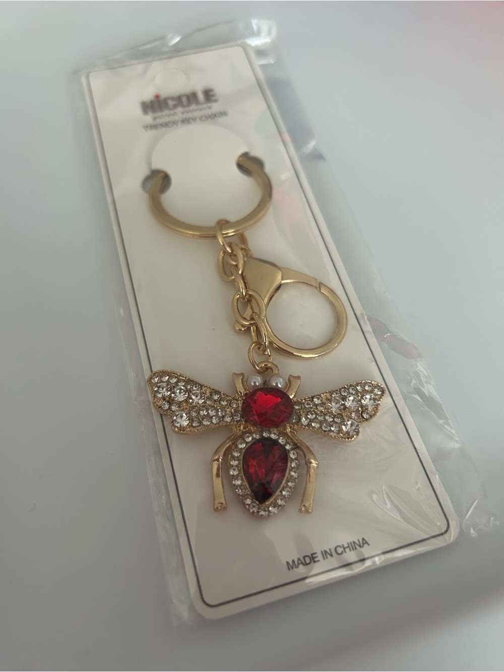 NICOLE Gold Bling Red Crystal Bee Keychain Bag Charm NWT